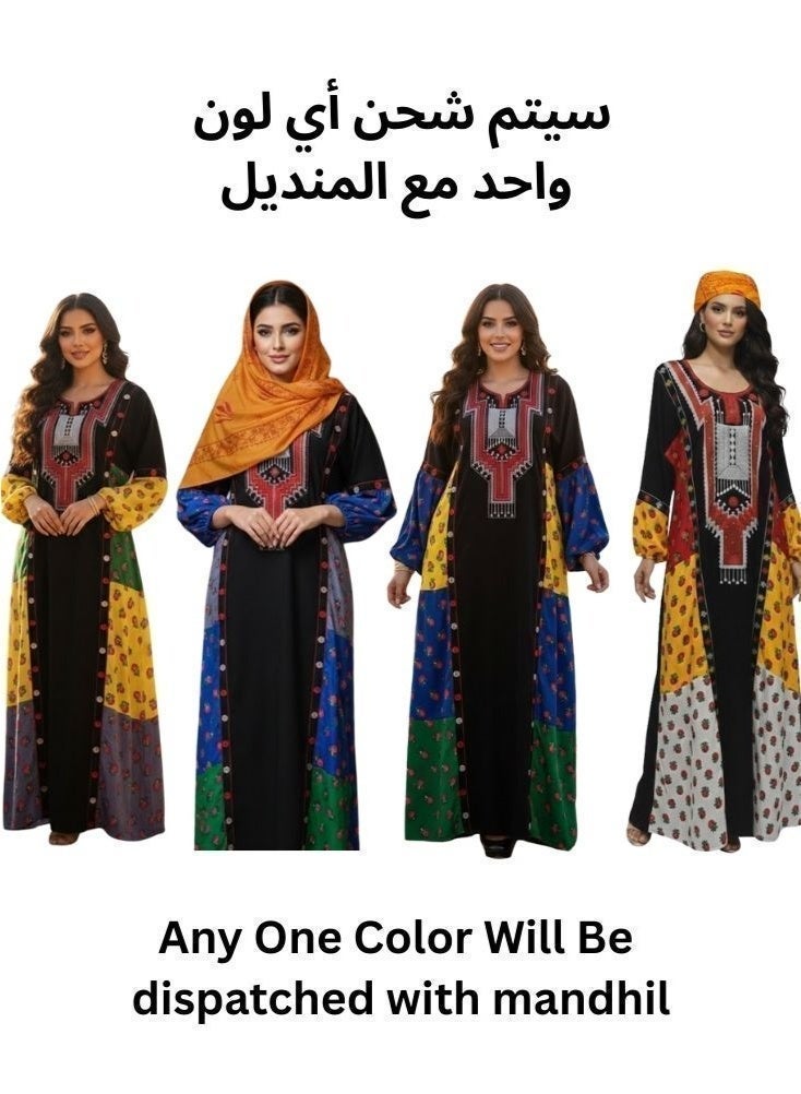 بريميم عباءة طويلة تقليدية من عسيري مع غطاء رأس متناسق، من تصميم تارها أزفر منديل عسيري - عباءة ماكسي مطبوعة بنقوش قبلية أصلية للنساء - Image 2